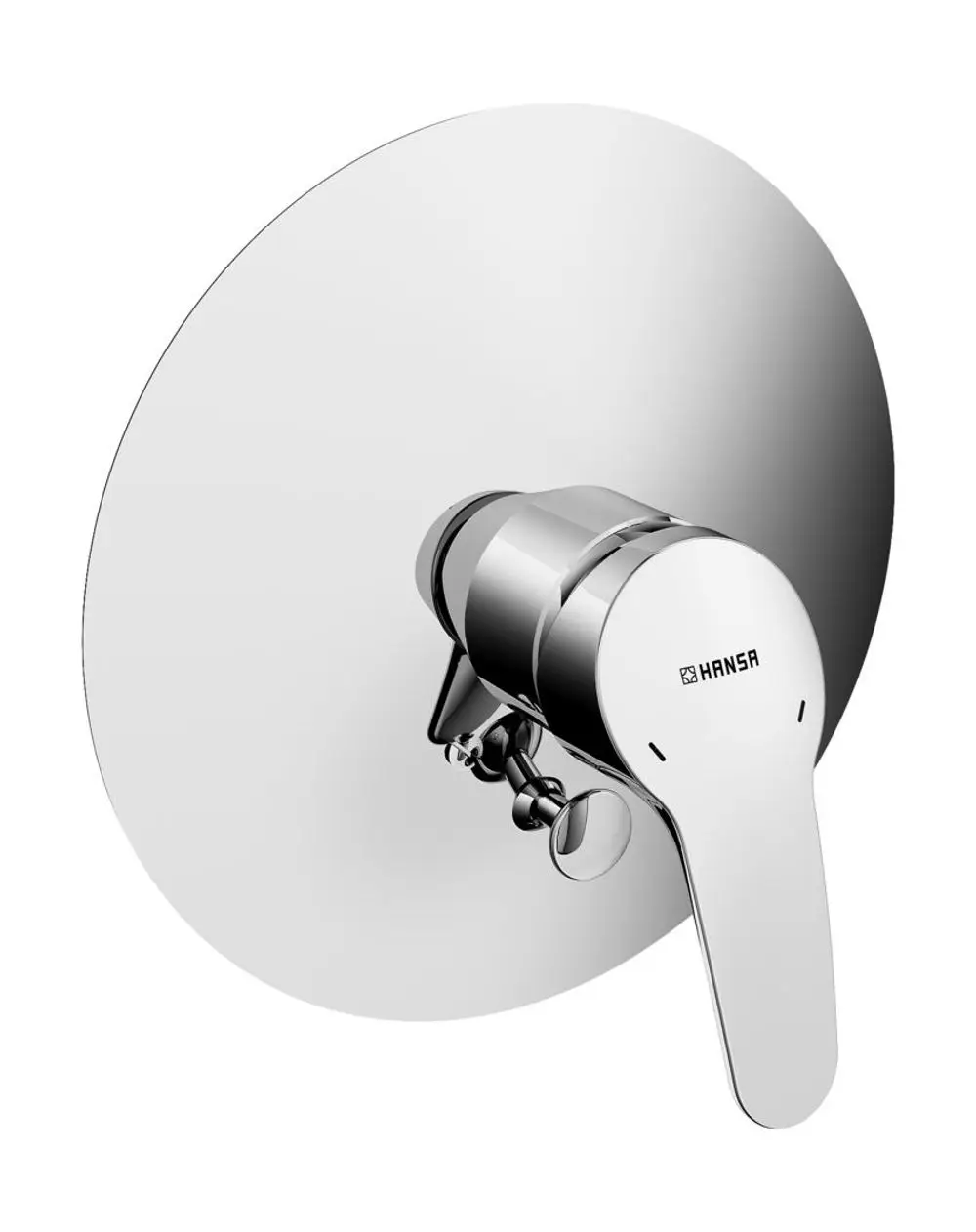 Einhebelmischer in Chromoptik mit runder Rosette, montiert an der Wand. Produkt der Marke HANSA, geeignet für Wanne oder Brause.